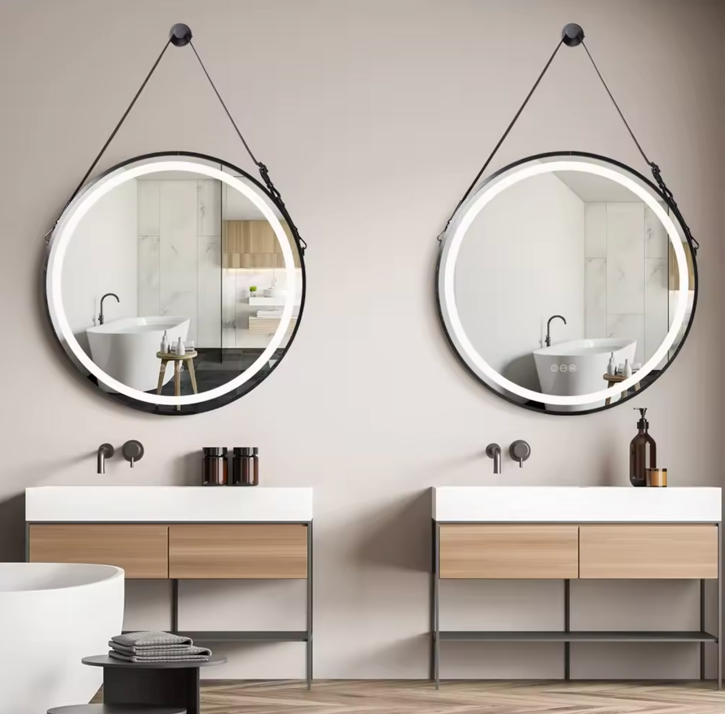 Round Black Hanging LED Bathroom Salon Mirror