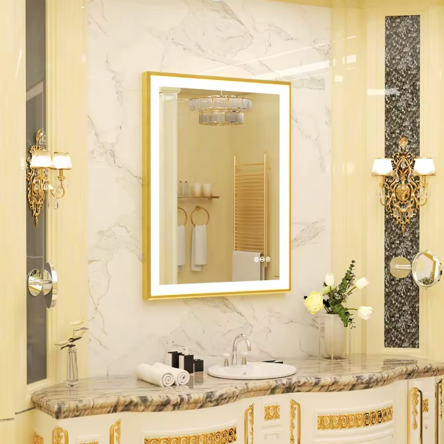 60CM X 80CM RECTANGLE GOLD FRAMED LED MIRROR