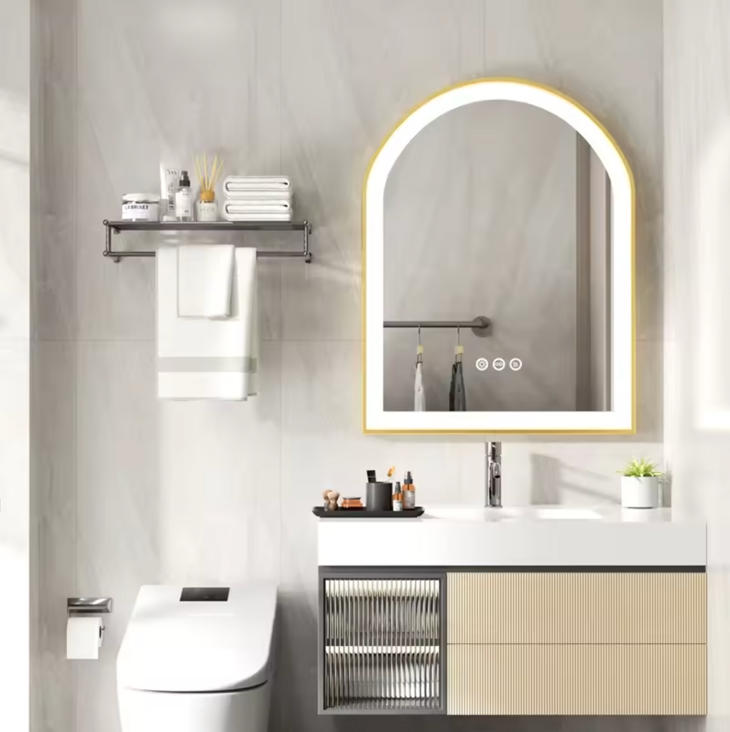 90CM X 60CM ARCHED GOLD FRAMELESS LED BATHROOM MIRROR