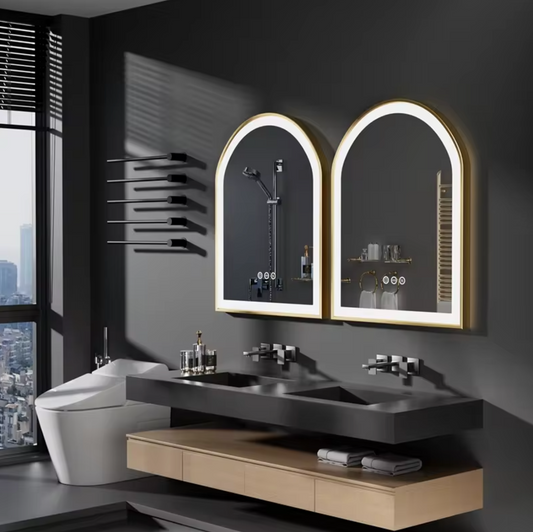 90CM X 60CM ARCHED GOLD FRAMELESS LED BATHROOM MIRROR