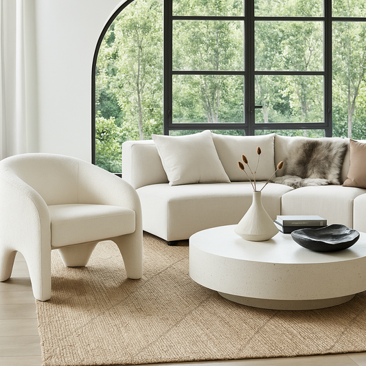 Nova Sculptural Accent Chair – White Chenille Armchair with Curved Modern Form