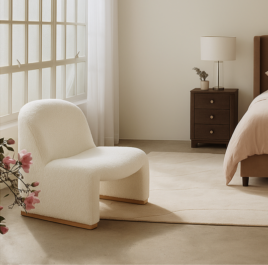 Haven Curved Boucle Armchair – Sculptural White Accent Chair with Soft Rounded Form