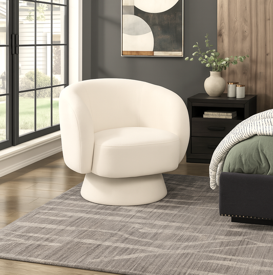 Celine Swivel Armchair – Chenille Pearl White with Sculptural Base