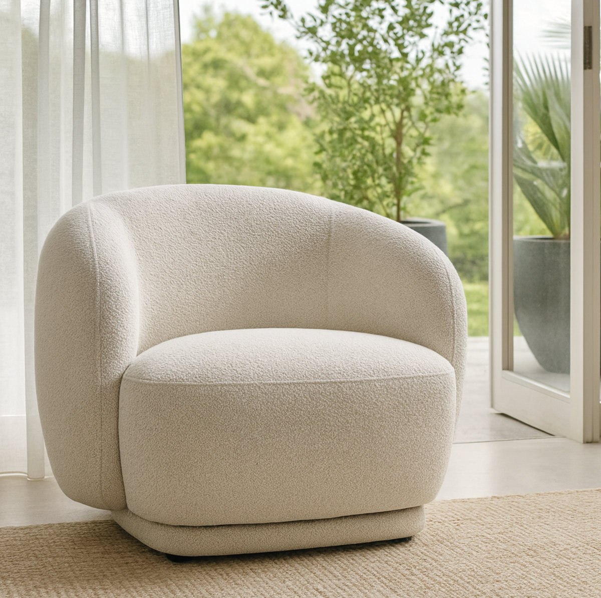 Aspen Swivel Armchair – Sculptural White Armchair in Luxe Milan Fabric