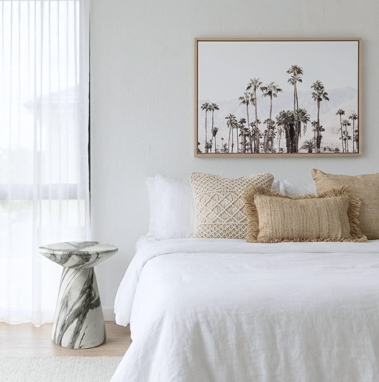 Palm Street row of palms and mountains landscape wall art above a bed