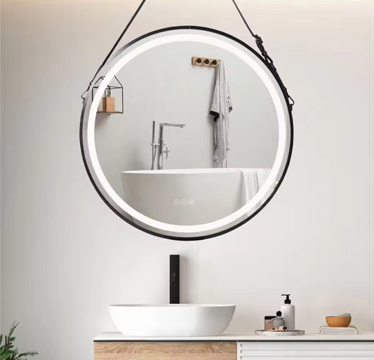 80CM ROUND BLACK HANGING LED MIRROR