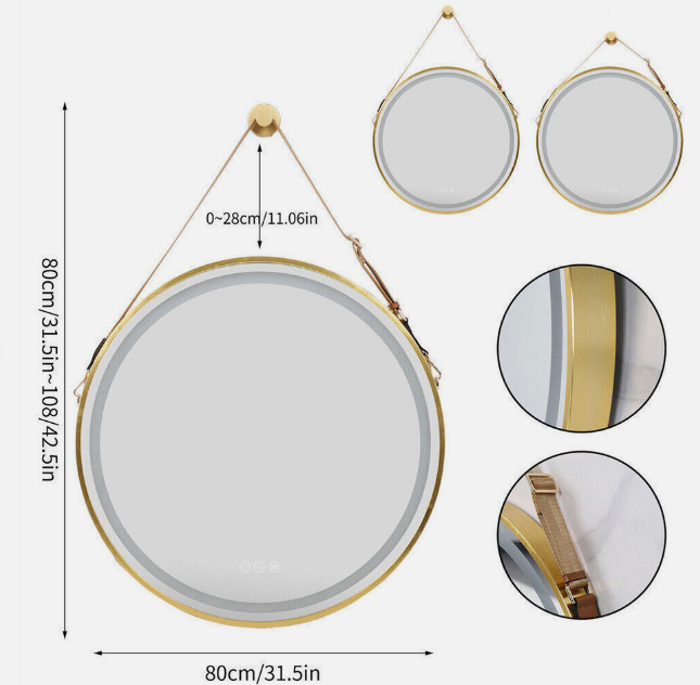 80CM ROUND GOLD HANGING LED MIRROR