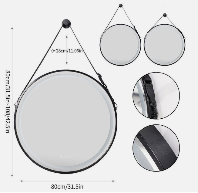 80CM ROUND BLACK HANGING LED MIRROR