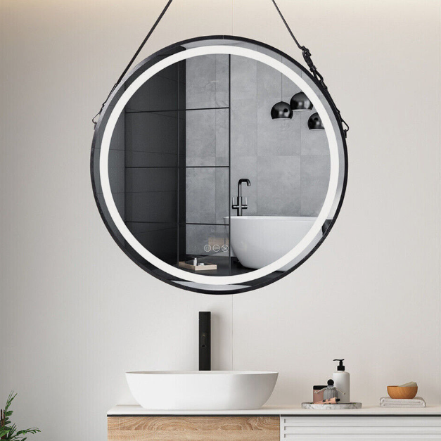 Round Black Hanging LED Bathroom Salon Mirror