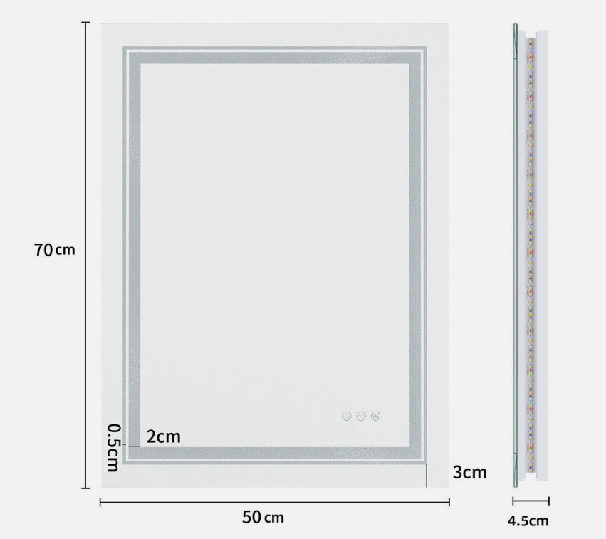 50CM X 70CM RECTANGLE FRAMELESS LED BATHROOM MIRROR