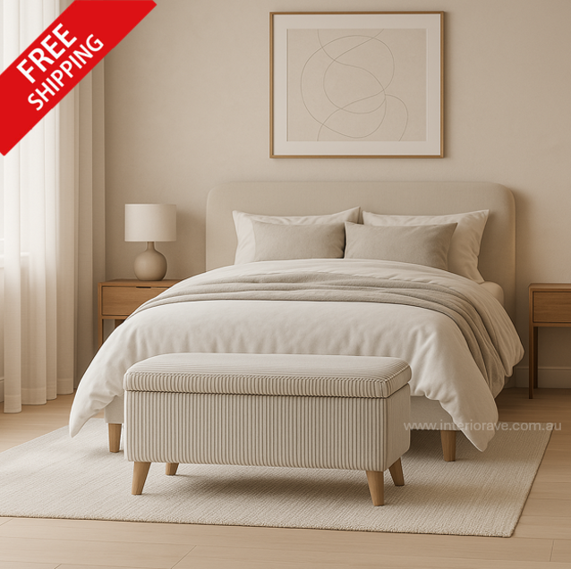 Florence Storage Bench with off-white boucle upholstery, sculptural silhouette, discreet storage compartment, and curved cushion top – modern luxury seating by Interior Ave

