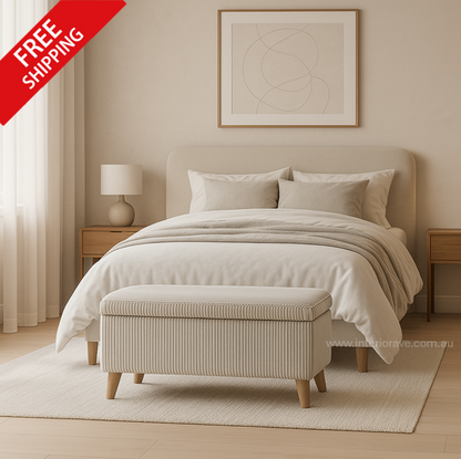 Florence Storage Bench with off-white boucle upholstery, sculptural silhouette, discreet storage compartment, and curved cushion top – modern luxury seating by Interior Ave
