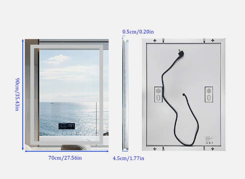 70 x 90cm Rectangle Frameless LED Bathroom Mirror – Bluetooth