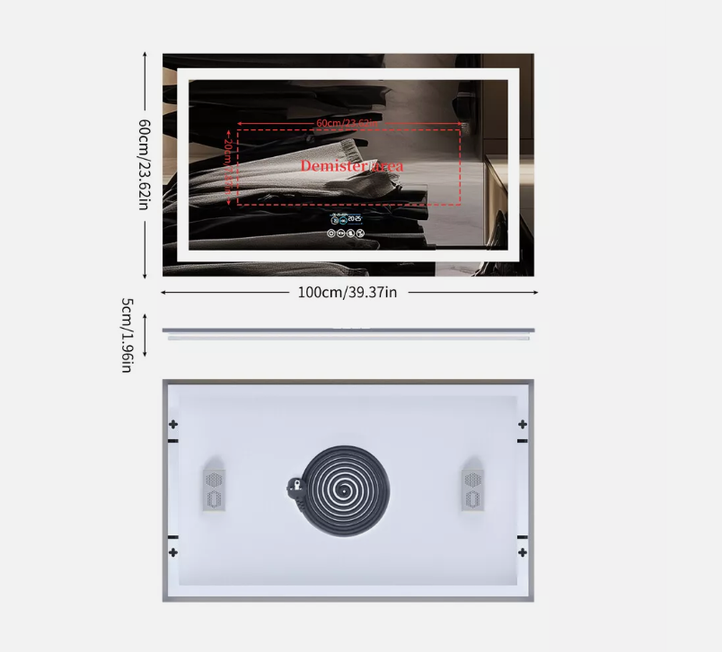 100 x 60cm Rectangle Frameless LED Bathroom Mirror – Bluetooth