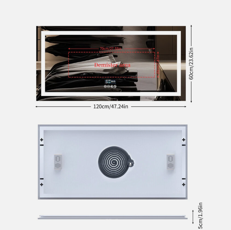 120 x 60cm Rectangle Frameless LED Bathroom Mirror – Bluetooth