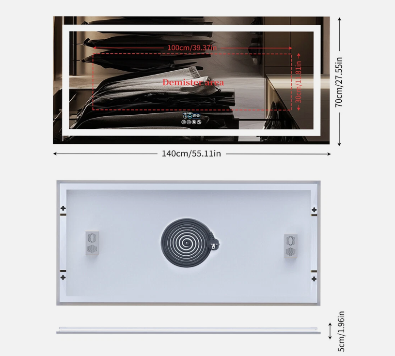 140 x 70cm Rectangle Frameless LED Bathroom Mirror – Bluetooth