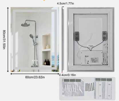 60 x 80cm Rectangle Frameless LED Bathroom Mirror – Bluetooth