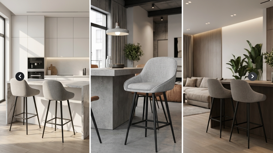 Metro Grey bar stool with curved backrest and black metal legs – Metro by Interior Ave