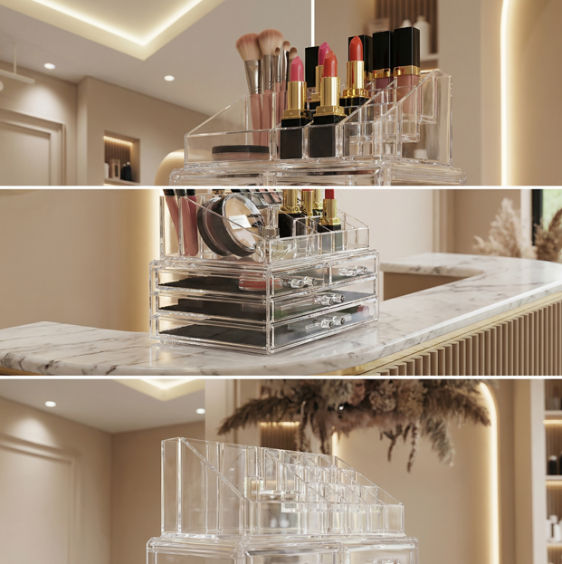 Clear acrylic cosmetic organizer with makeup items on a desk.