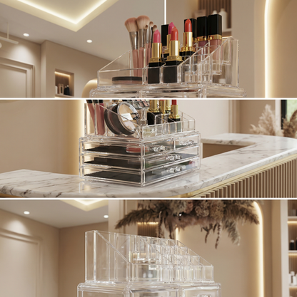 Clear acrylic cosmetic organizer with makeup items on a desk.