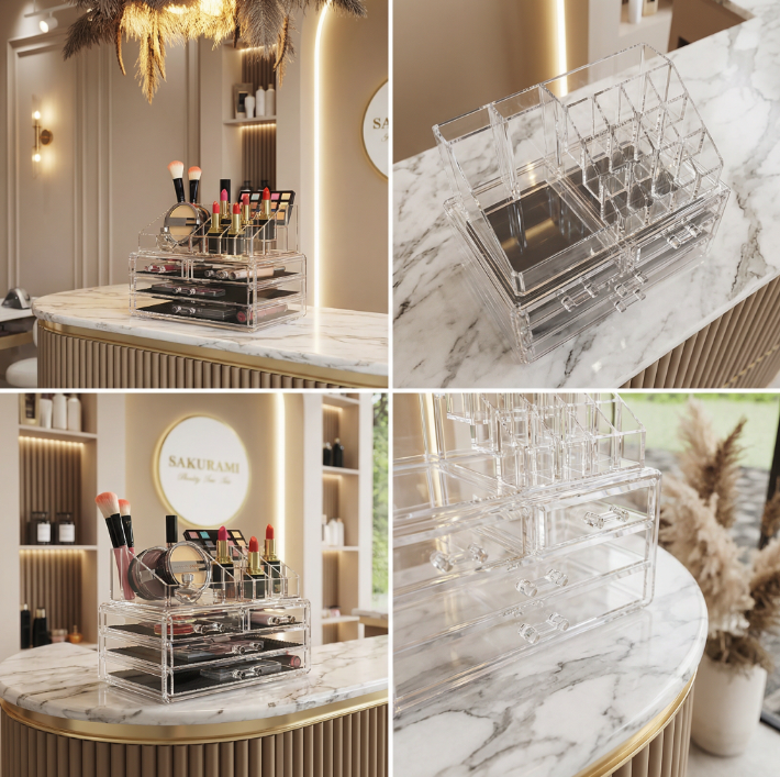 Clear acrylic cosmetic organizer with makeup items on a desk.