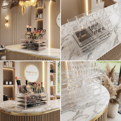 Clear acrylic cosmetic organizer with makeup items on a desk.