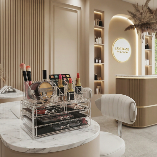 Clear acrylic cosmetic organizer with makeup items on a desk.