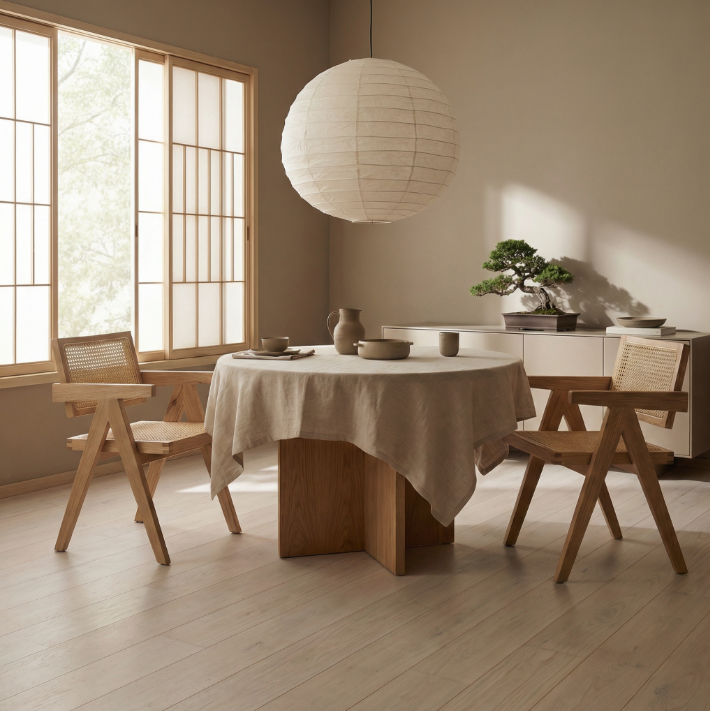 Eden solid wood rattan dining chair set of two at a round linen-draped dining table in a warm wabi-sabi interior with bonsai and paper pendant light