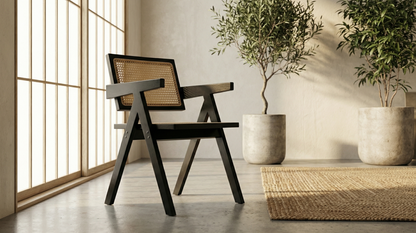 Eden Solid Wood Rattan Dining Chair - Black - Set of Two