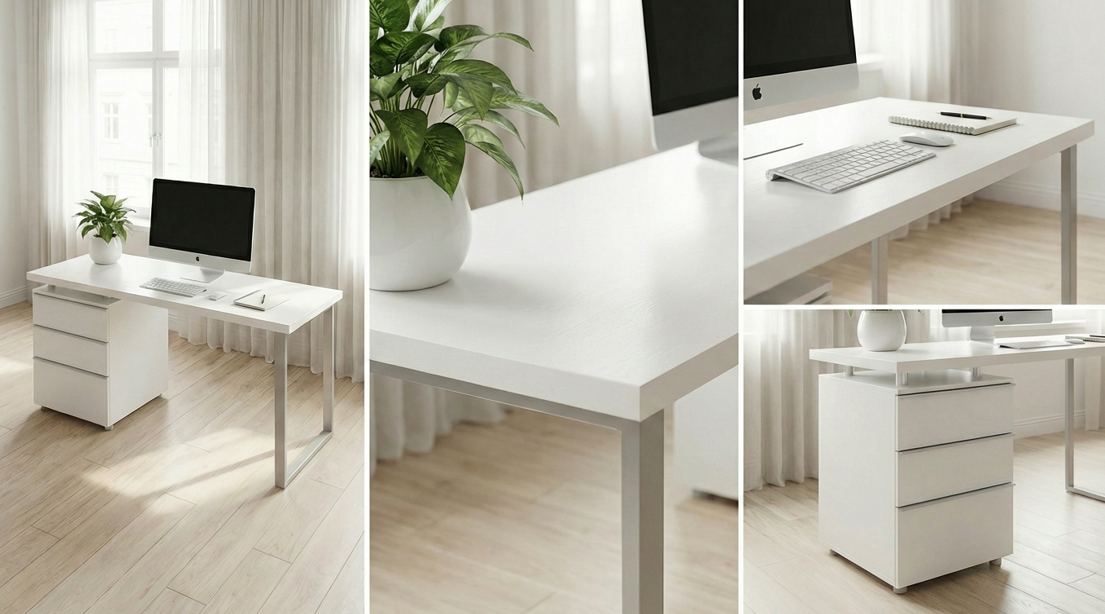 Studio Desk with Drawer Cabinet – White (140cm)