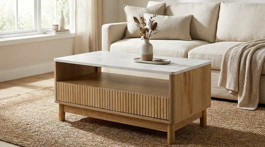 Blanc coffee table in wood and white with marble-look top, fluted drawers, open shelf and pine legs