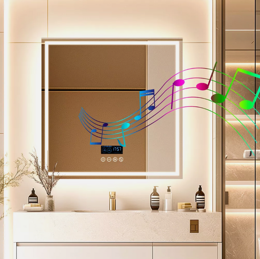 80 x 80cm Square Frameless LED Bathroom Mirror – LED illuminated Bluetooth bathroom mirror by Interior Ave
