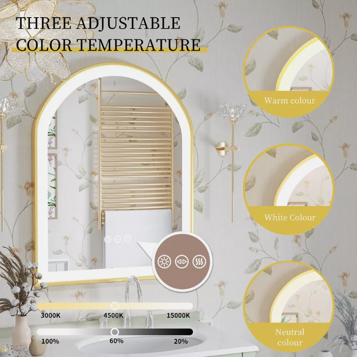 90 x 60cm Arched Gold Frameless LED Bathroom Mirror