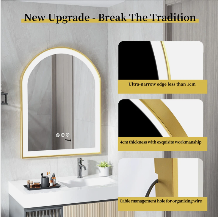 90 x 60cm Arched Gold Frameless LED Bathroom Mirror