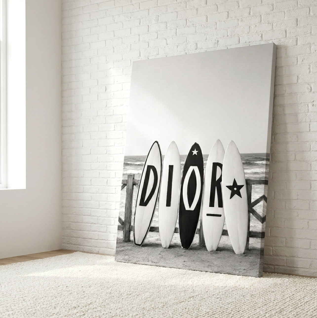 Surf House black and white surfboards beach coastal wall art leaning on a brick wall