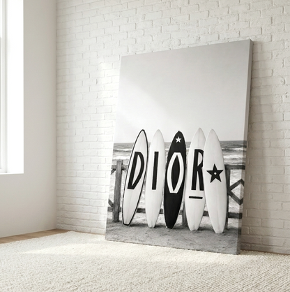 Surf House black and white surfboards beach coastal wall art leaning on a brick wall
