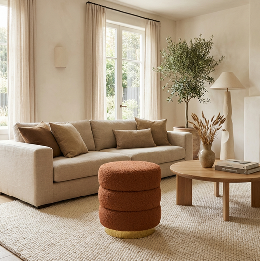 Calista round stacked ottoman orange teddy fleece accent seat | Modern Ottoman by Interior Ave