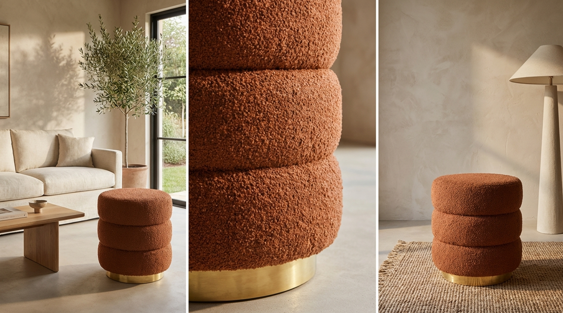 Calista round stacked ottoman orange teddy fleece accent seat | Modern Ottoman by Interior Ave