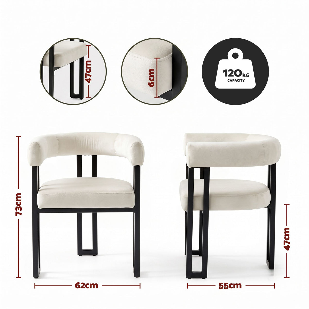 Dining Chairs Set of 2 Velvet Upholstered Barrel Chairs with Curved Armrests & Back Beige