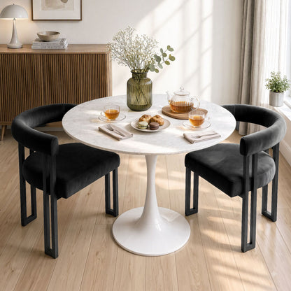 Dining Chairs Set of 2 Velvet Upholstered Barrel Chairs with Curved Armrests & Back Black