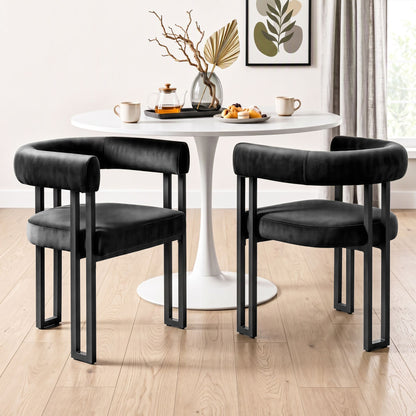 Dining Chairs Set of 2 Velvet Upholstered Barrel Chairs with Curved Armrests & Back Black