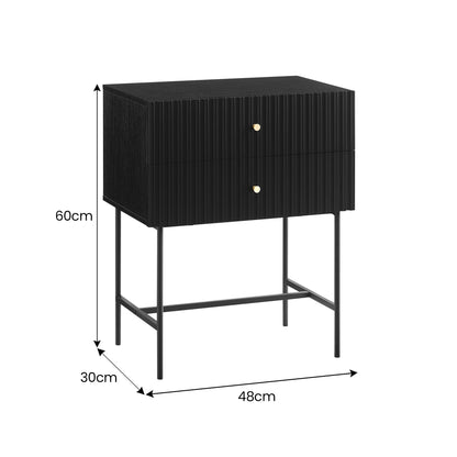 Two Drawer Fluted Bedside Table - Black