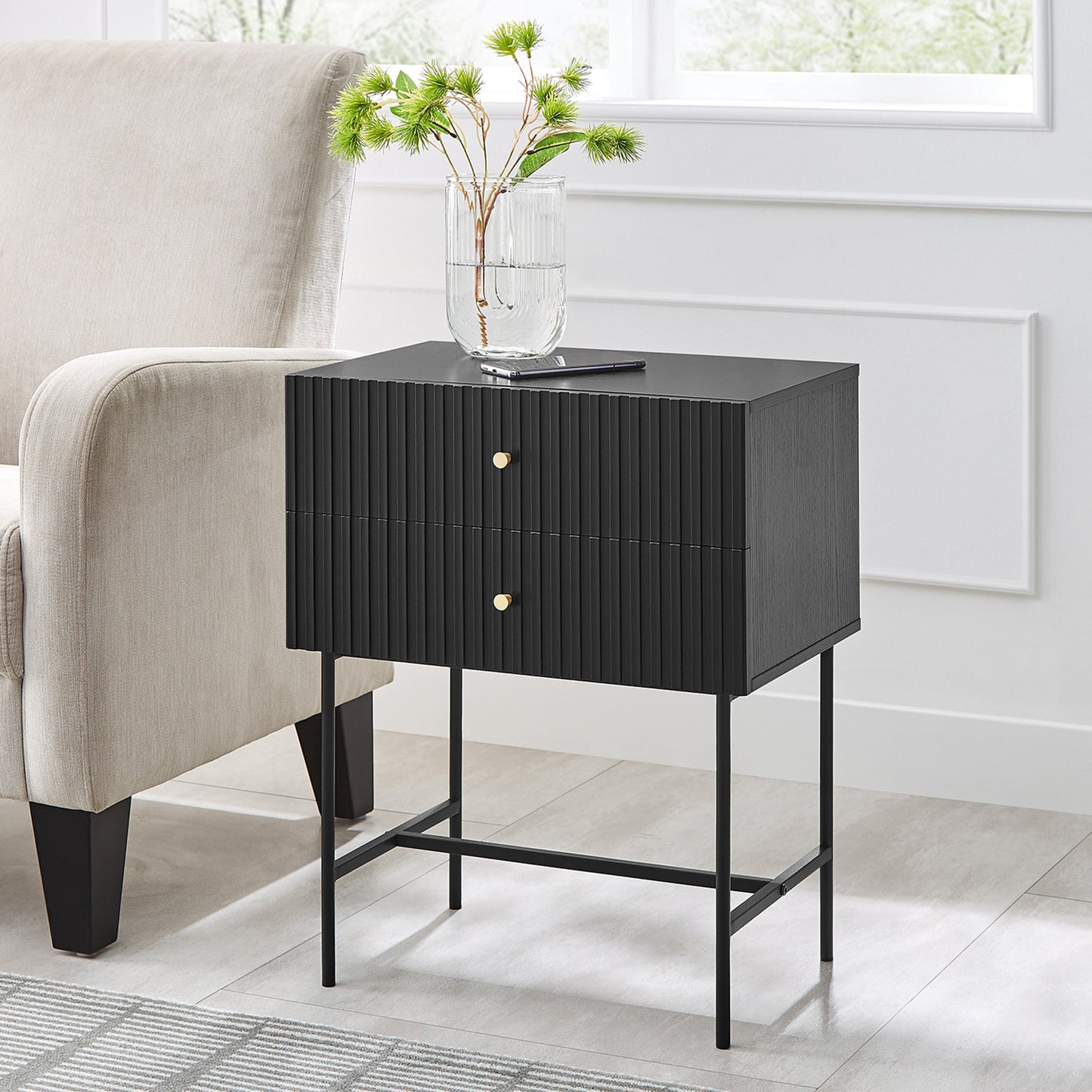 TWO DRAWER FLUTED BEDSIDE - BLACK