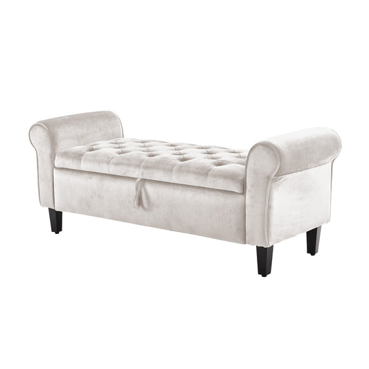Velour Storage Ottoman Stool Arm Bench Seat - Beige