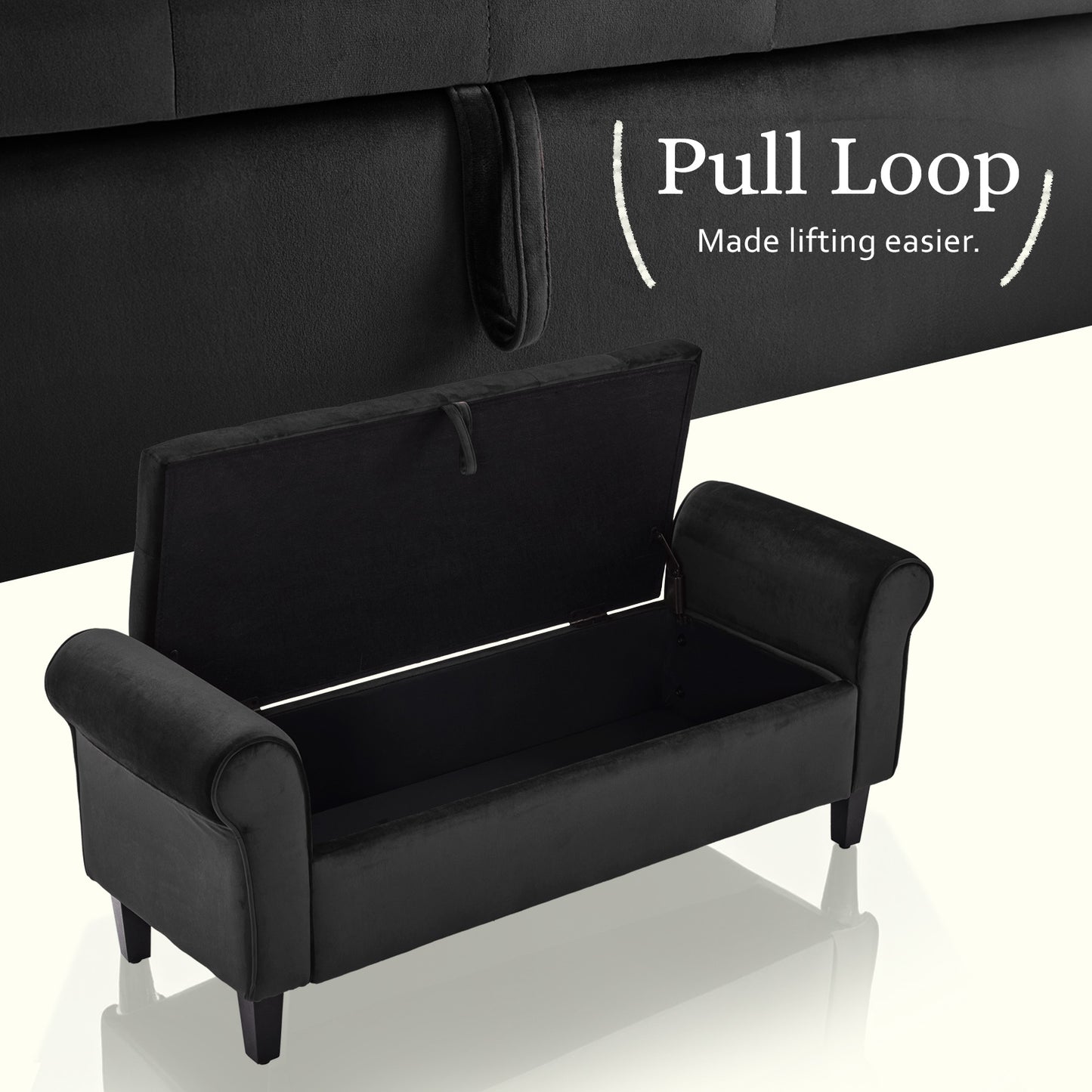 Velour Storage Ottoman Stool Arm Bench Seat 132cm Velvet - Black