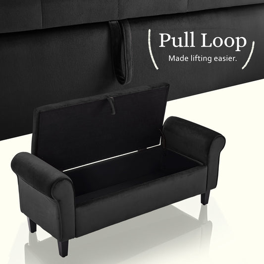 Velour Storage Ottoman Stool Arm Bench Seat 132cm Velvet - Black