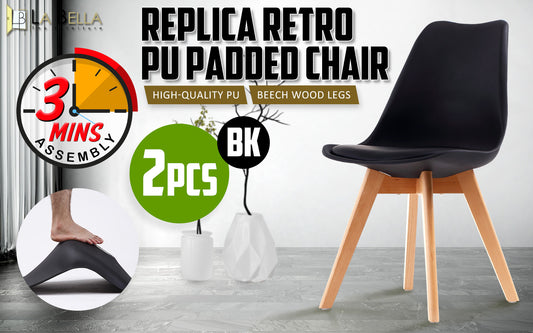 Retro Dining Cafe Chair Padded Seat - Black - Set of Two