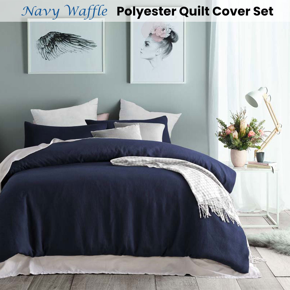 NAVY WAFFLE QUILT COVER SET - DOUBLE