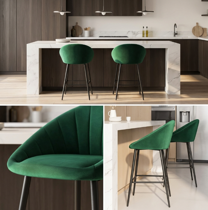 Emerald green velvet tub bar stool with black metal legs | Modern Bar Stools by Interior Ave