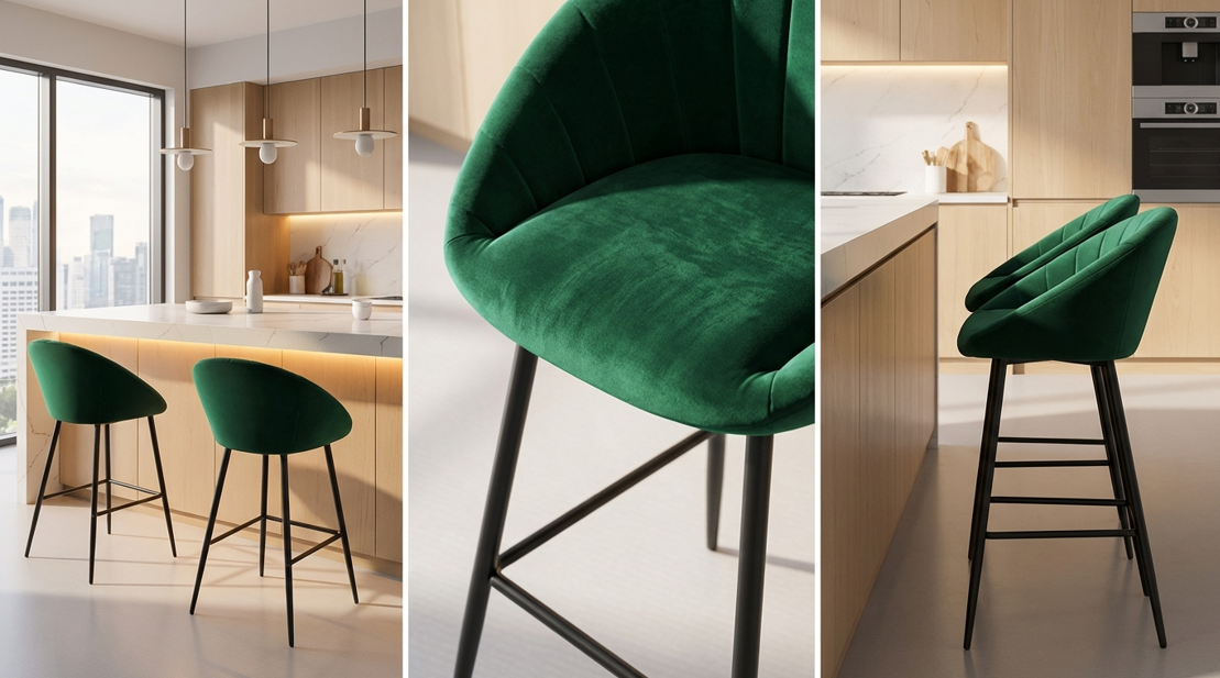 Emerald green velvet tub bar stool with black metal legs | Modern Bar Stools by Interior Ave